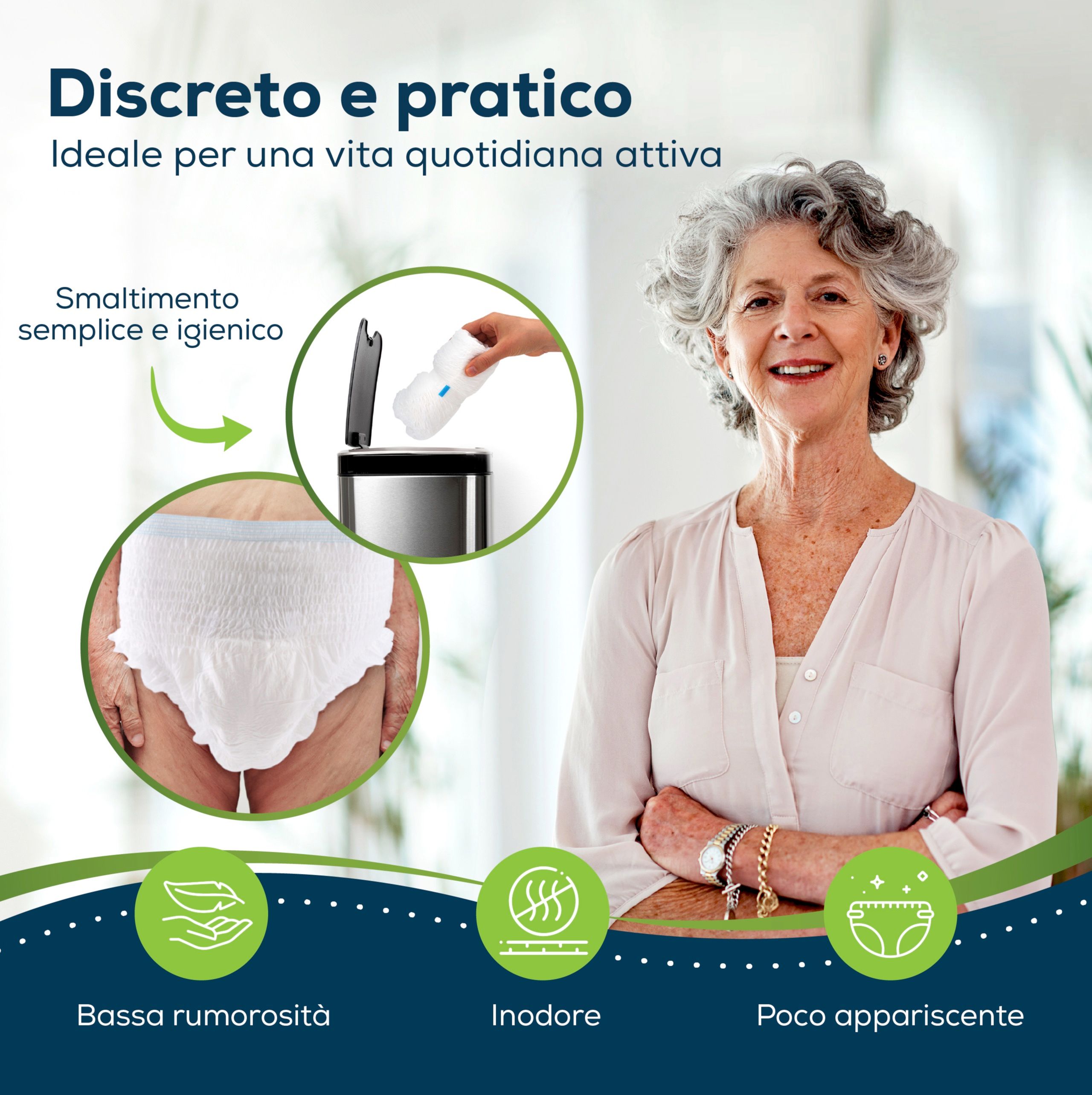 Donna getta pannolino per incontinenza nel cestino. Silenzioso, inodore, discreto.
