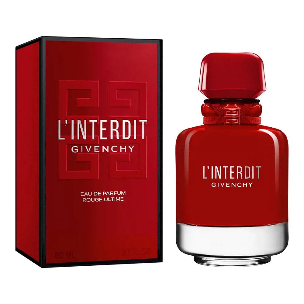 Flacone e scatola rossi. Scritta L'Interdit Givenchy. Eau de Parfum Rouge Ultime. Base del flacone argentata. Confezione rossa.