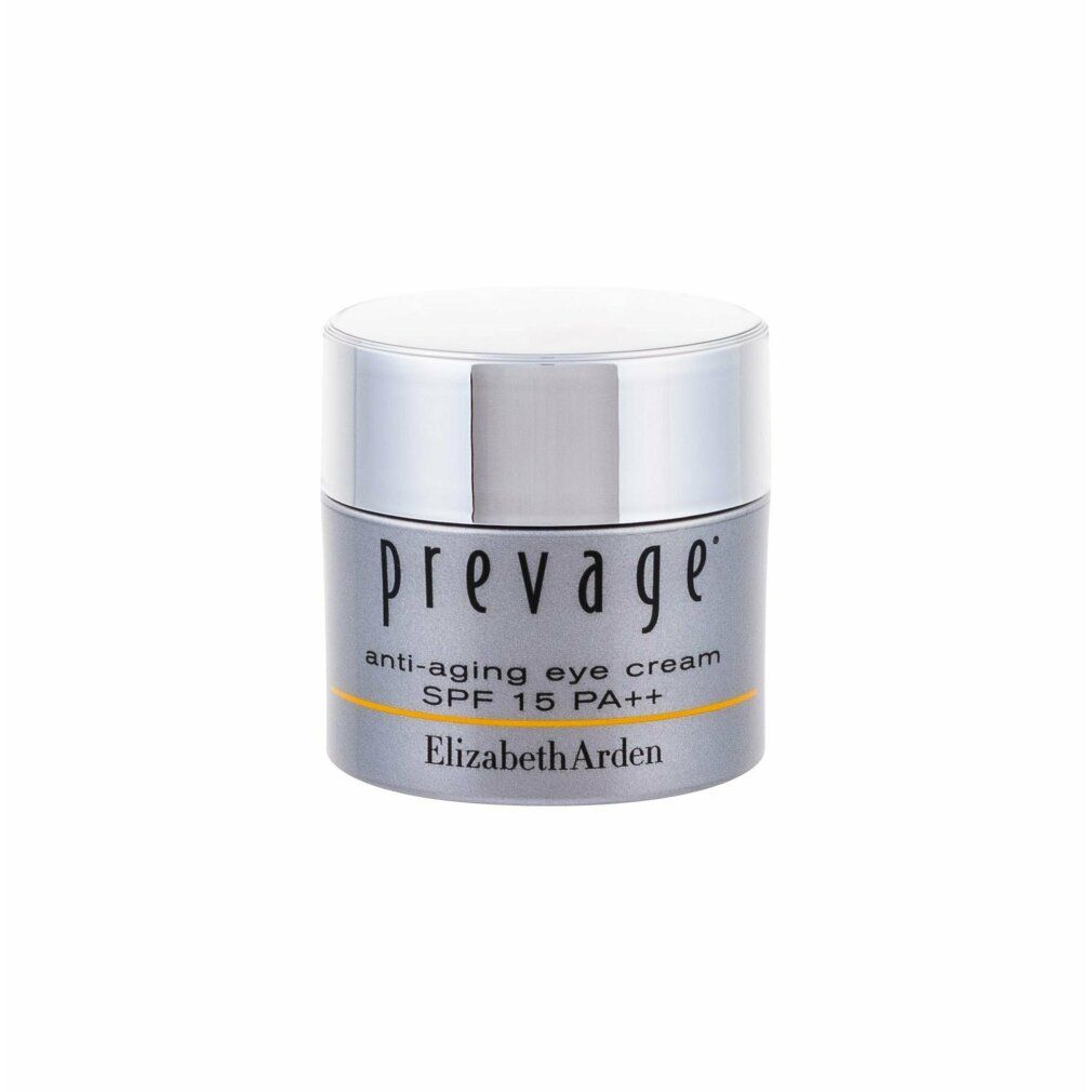 Vasetto di crema con coperchio argentato. Scritta: Prevage, Anti-Aging Eye Cream, SPF 15 PA++, Elizabeth Arden.