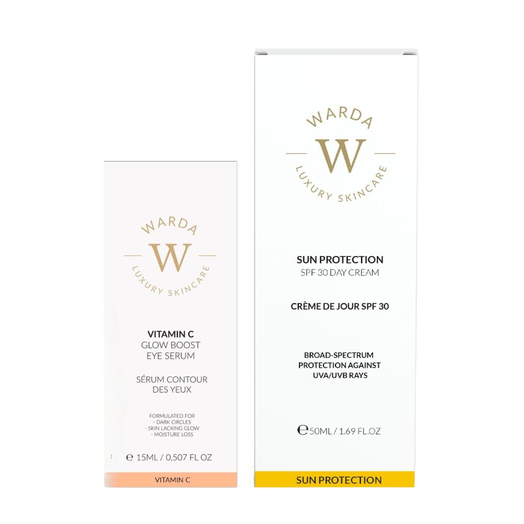 Due confezioni. Scritta: Vitamina C, SPF 30. Marchio: Warda Luxury Skincare.