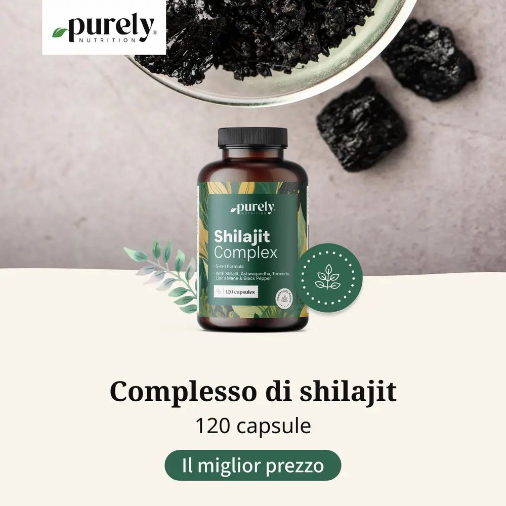 Shilajit Complex, 120 capsule. Flacone marrone, coperchio nero. Scritta: Il miglior prezzo.