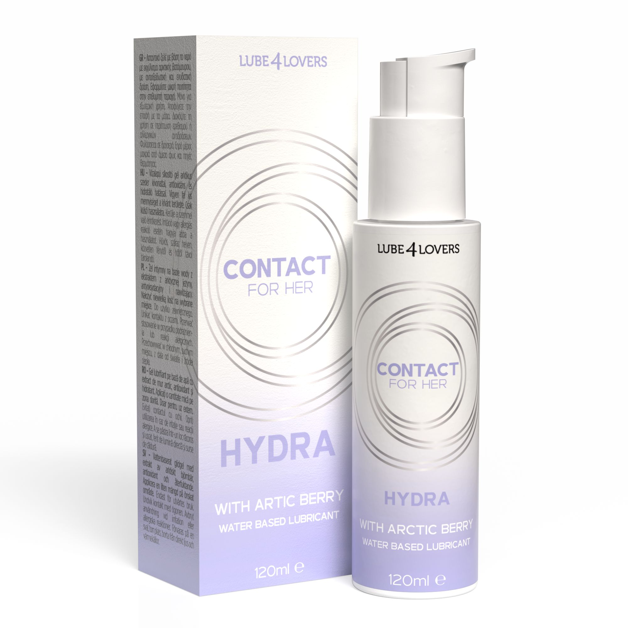 Flacone bianco con pompa e scatola. Scritta: CONTACT FOR HER, HYDRA, con Arctic Berry. 120ml.