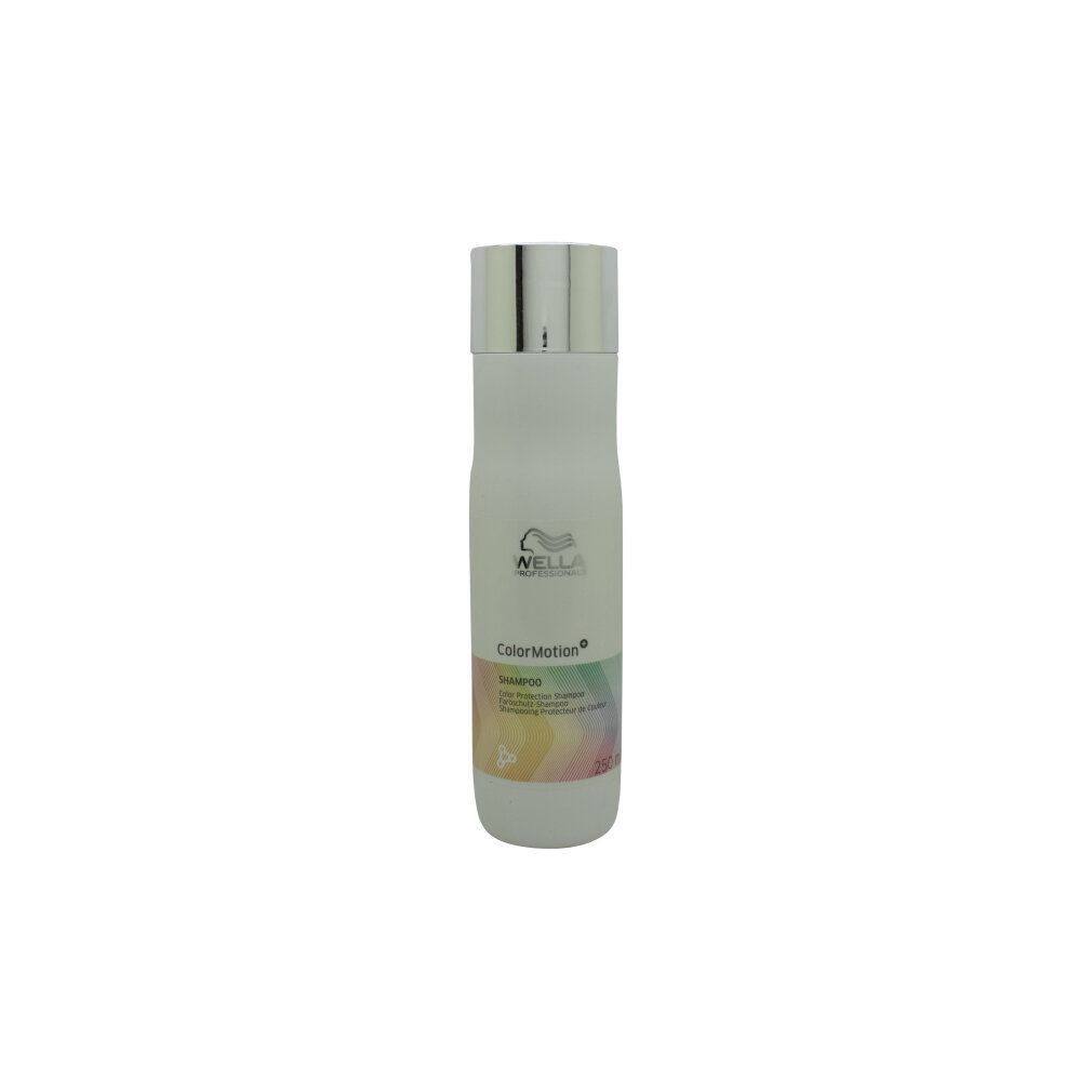 Flacone di shampoo bianco con tappo argentato. Etichetta con sfumatura di colore e scritta ColorMotion e Shampoo.