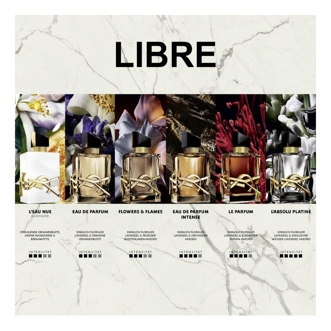 Vari flaconi su sfondo marmoreo. Flaconi con diversi liquidi ed etichette. Testo: LIBRE, Eau de Parfum, Intense, Le Parfum, L'Absolu Platine.