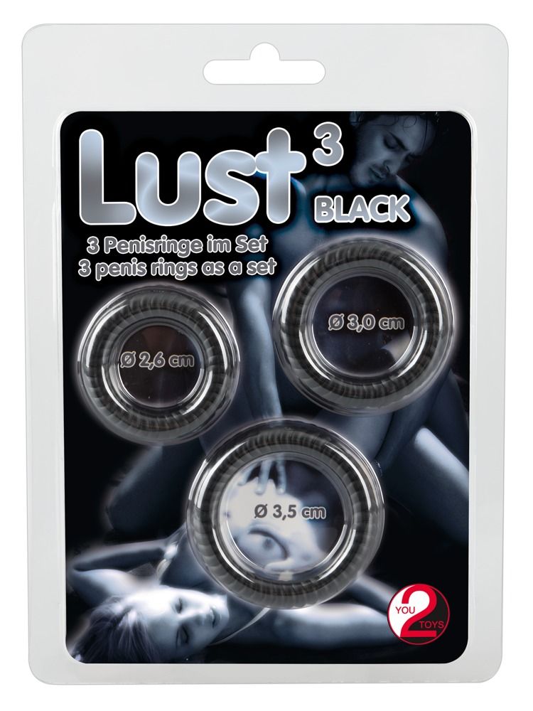 Tre anelli penieni neri in confezione blister. Misure: 2,6 cm, 3,0 cm, 3,5 cm. Nome prodotto: Lust³ Black. Marchio: You2Toys.
