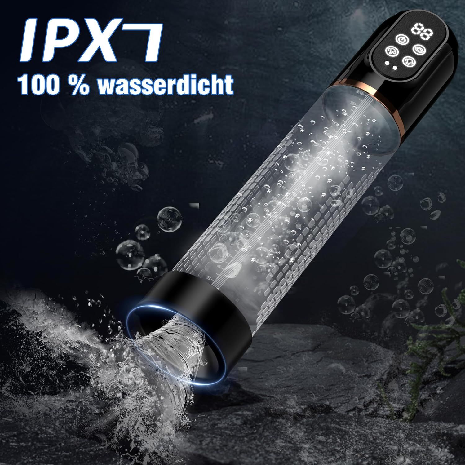 Pompa con display digitale. Impermeabile IPX7. Corpo nero con dettagli dorati.