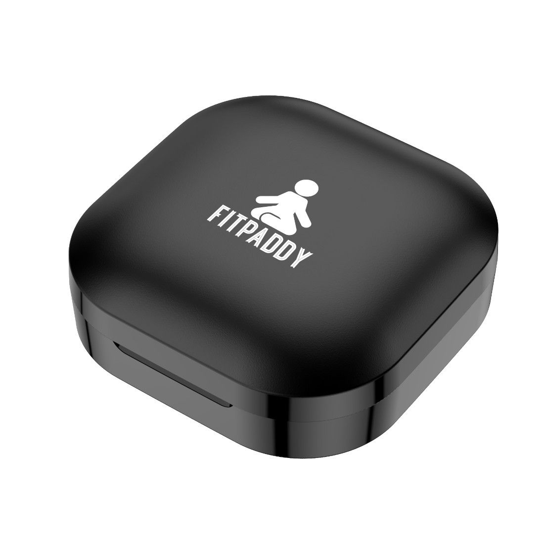 Custodia di ricarica nera, quadrata, con logo. Coperchio leggermente aperto.