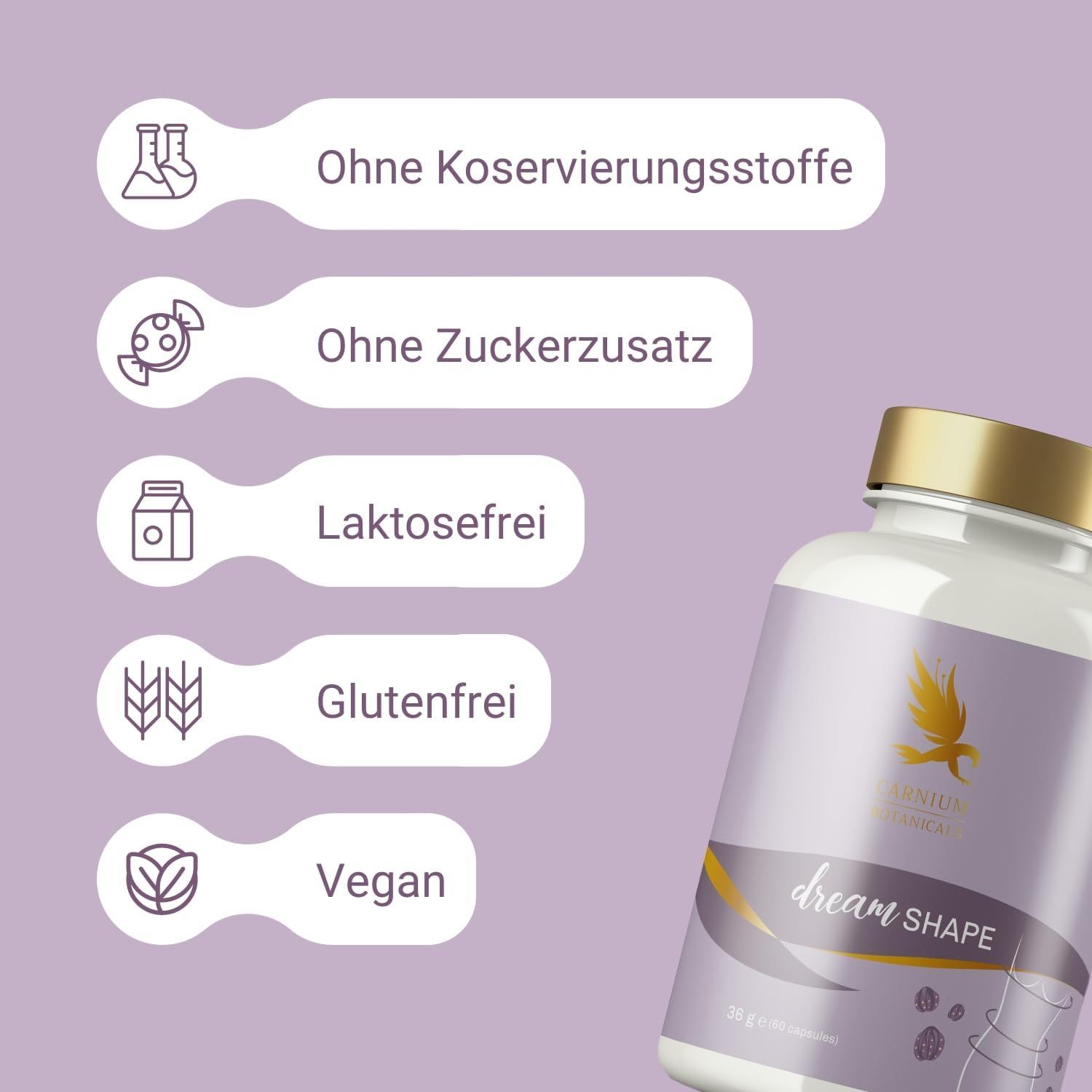 Flacone Dream Shape con testo: Senza conservanti, Senza zuccheri aggiunti, Senza lattosio, Senza glutine, Vegano. Sfondo viola.