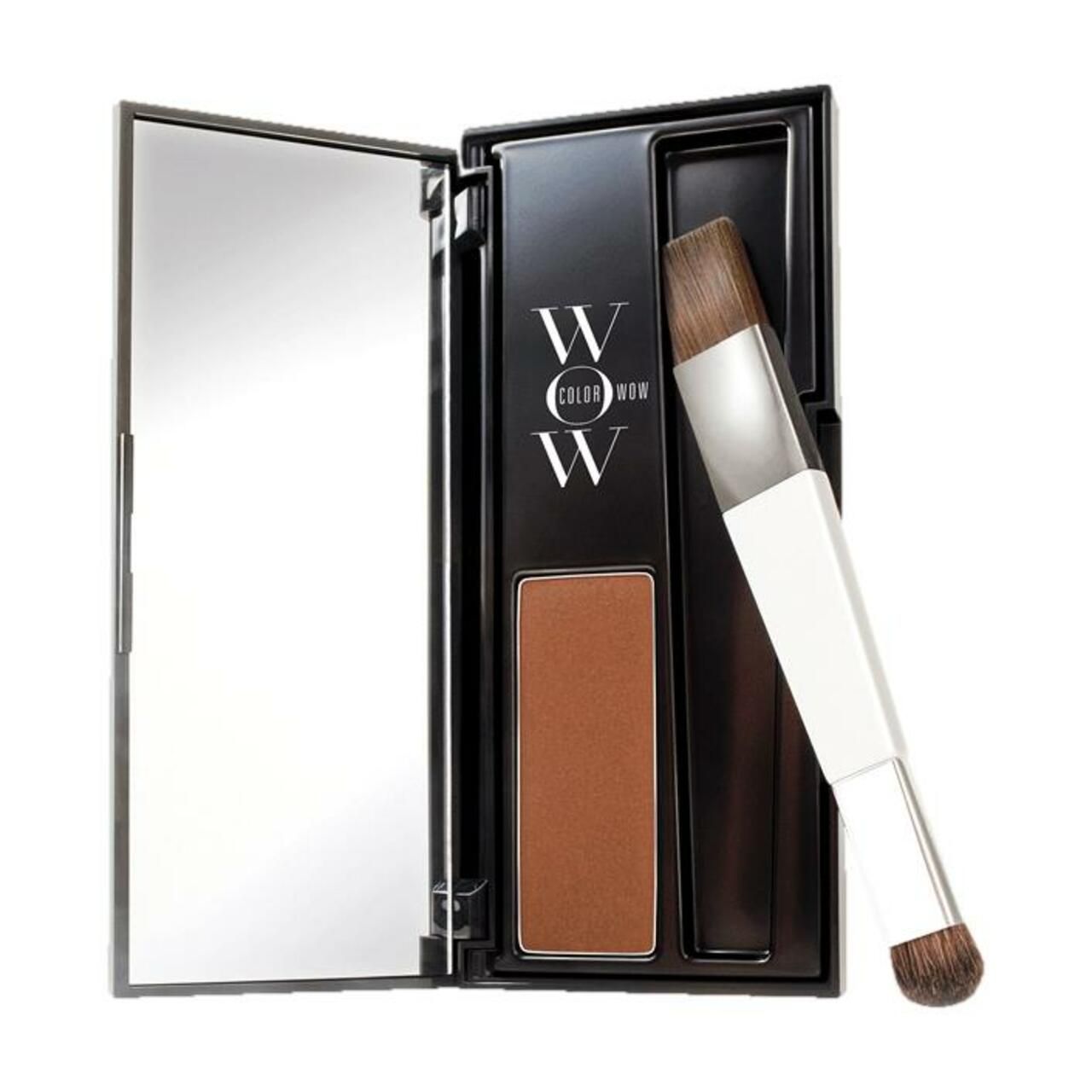 Confezione nera Color Wow Root Cover Up, aperta. Contiene specchio, polvere e pennello.