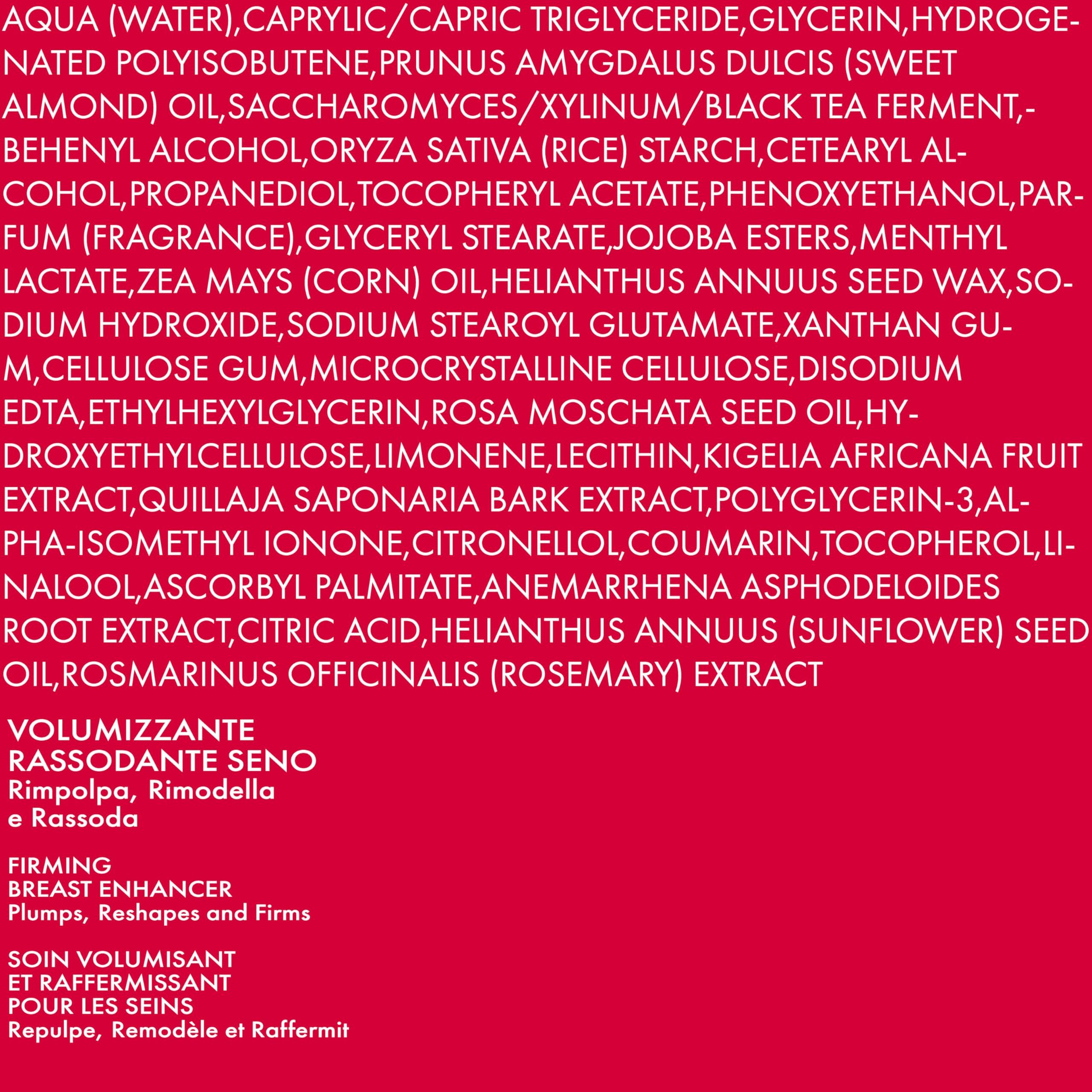 Ingredienti del prodotto su sfondo rosso. Testo: Volumizzante Rassodante Seno, Firming Breast Enhancer, Soin Volumisant et Raffermissant.