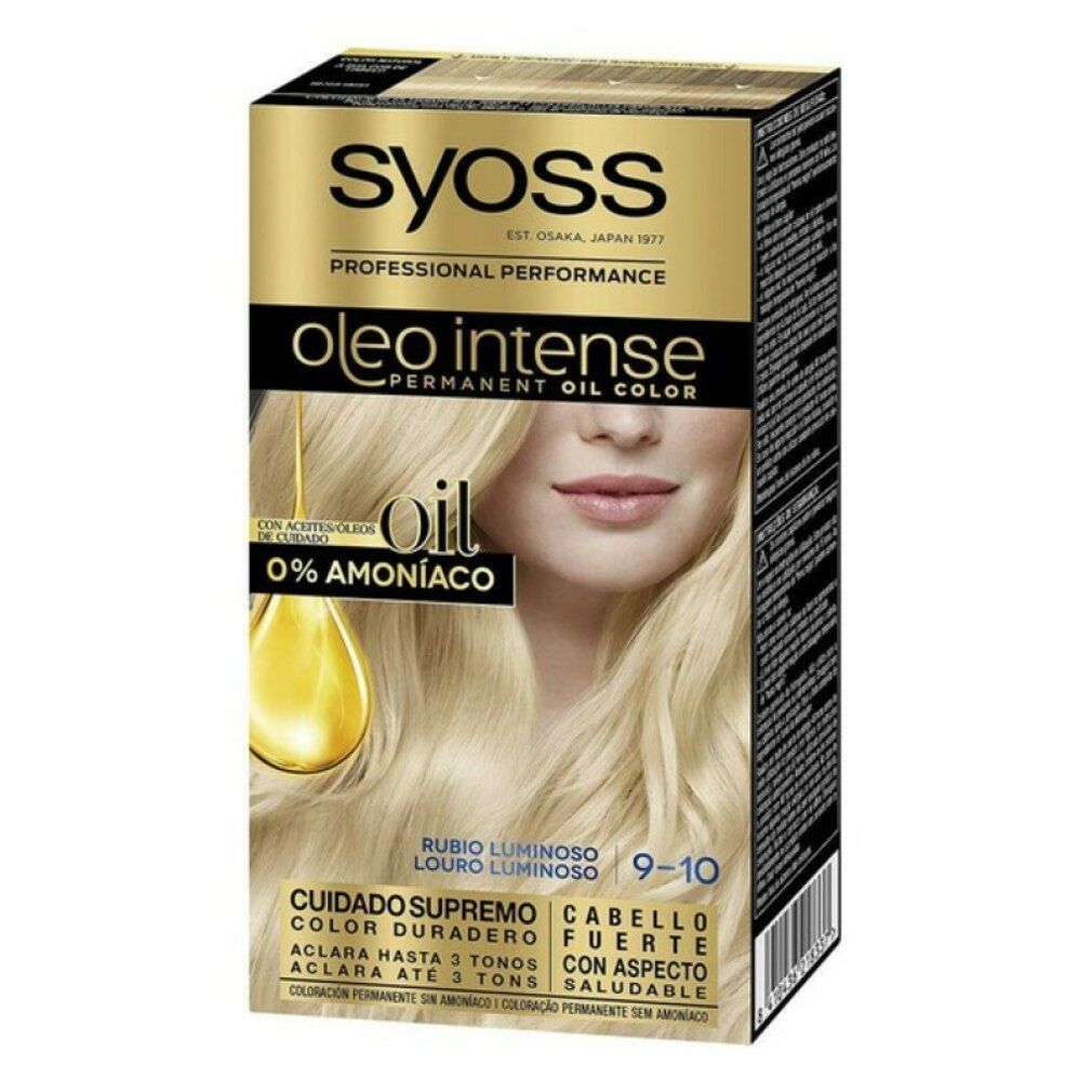 Syoss Oleo Intense 9-10 Biondo Luminoso. Confezione con immagine del prodotto e testo. 0% ammoniaca.