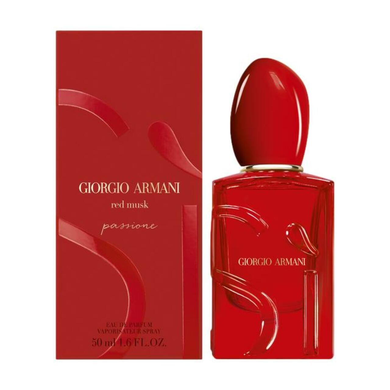 Flacone e confezione rossi Giorgio Armani Sì Passione Red Musk. Flacone con tappo rosso, scritta e 50 ml.