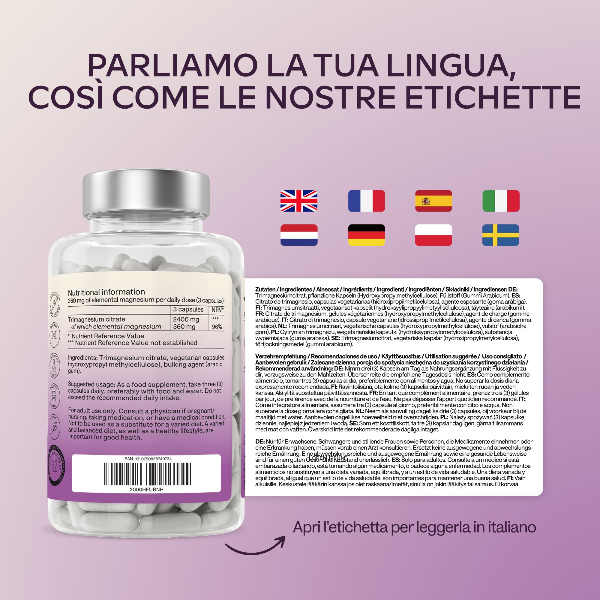 Flacone di magnesio citrato con etichette multilingue.