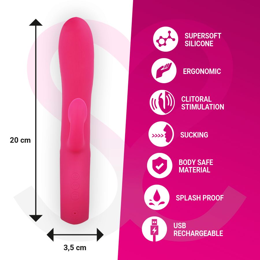 Lovetoy rosa con dimensioni: 20 cm lungo, 3,5 cm largo. Icone: silicone, ergonomico, stimolazione, suzione.