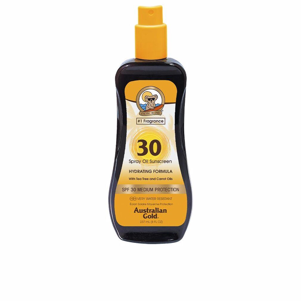 Spray solare SPF 30. Flacone nero con etichetta gialla e erogatore spray. Testo: Australian Gold, SPF 30 Medium Protection.