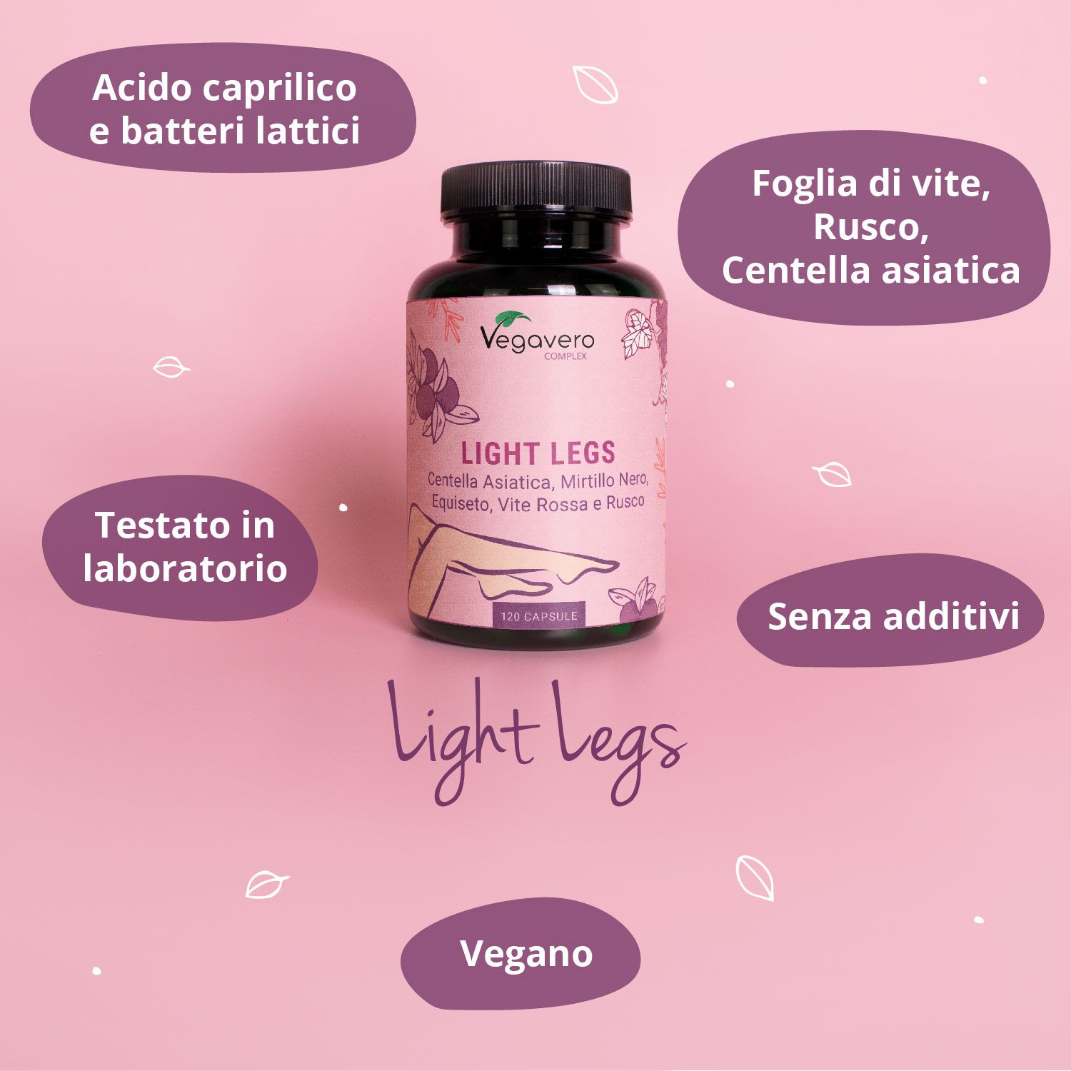 Flacone di capsule circondato da infografiche. Sfondo rosa. Parole chiave: testato in laboratorio, vegano, senza additivi, ecc.