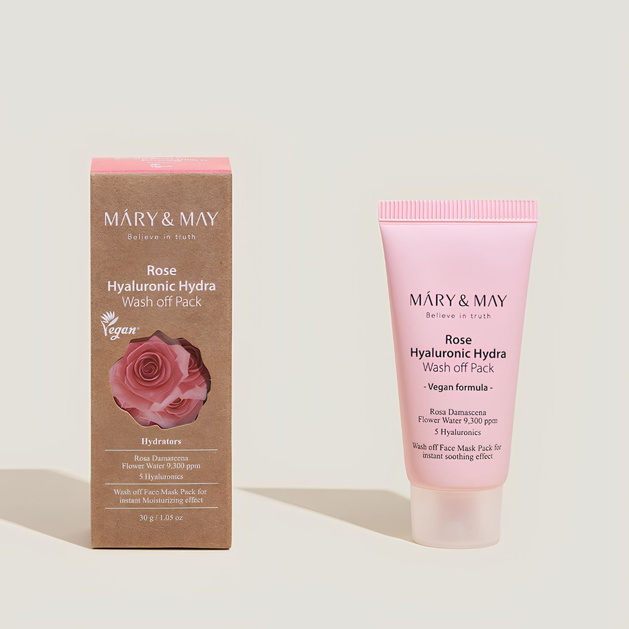 Confezione e tubetto del MARY & MAY Rose Hyaluronic Hydra Wash off Pack.