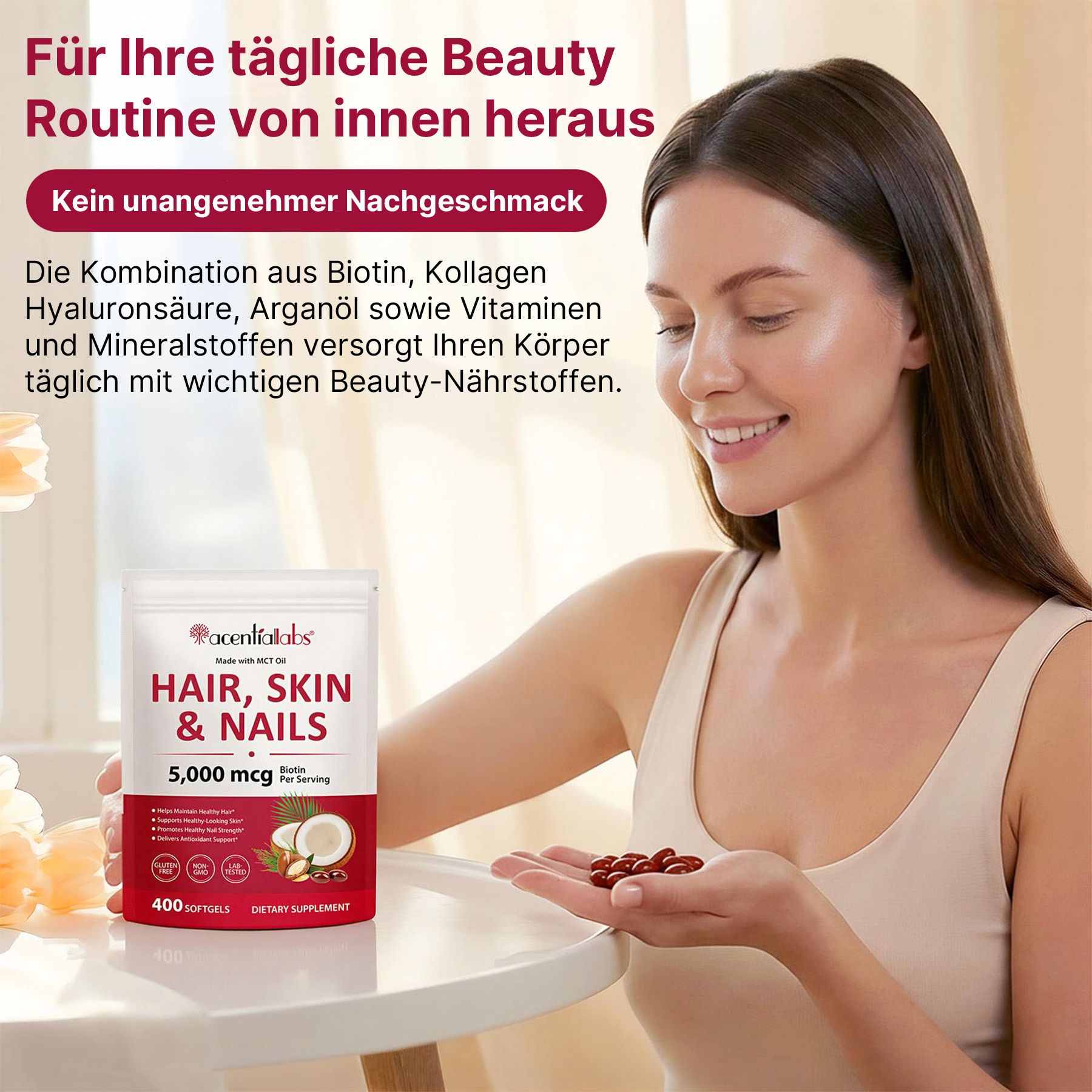 Confezione integratore capelli, pelle e unghie con 5.000 mcg di biotina. Contiene 400 capsule.