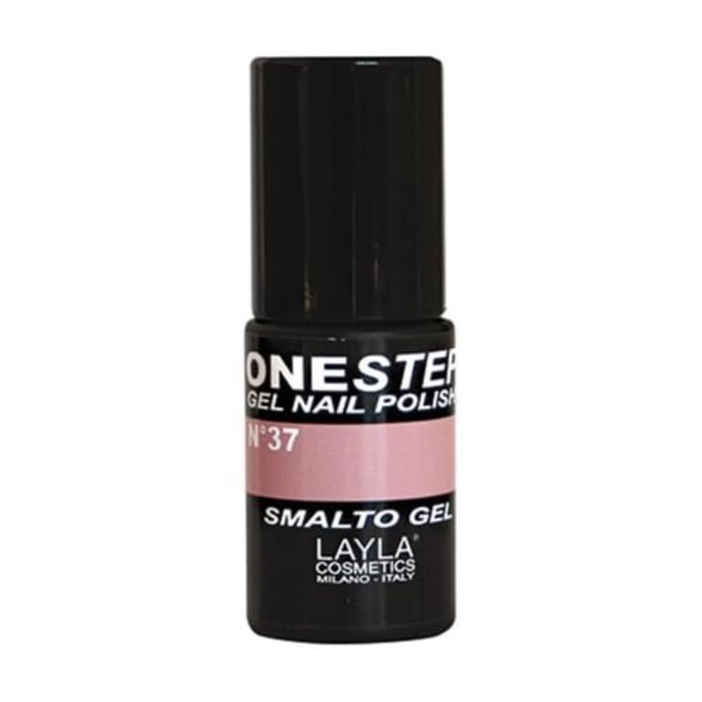 Flacone di smalto per unghie nero. Fascia rosa con testo: ONESTEP GEL NAIL POLISH N°37. SMALTO GEL LAYLA COSMETICS.