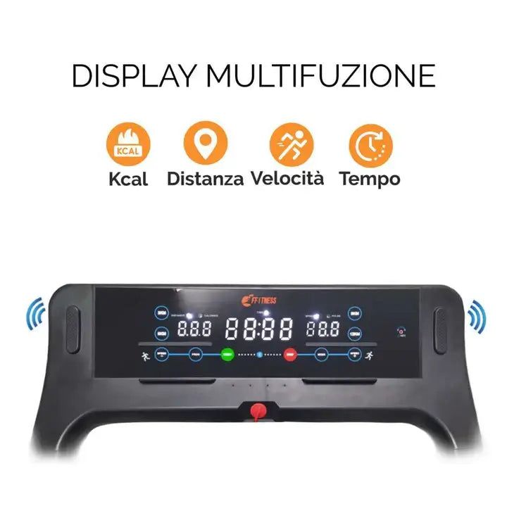 Display del tapis roulant con indicazioni Kcal, Distanza, Velocità e Tempo.