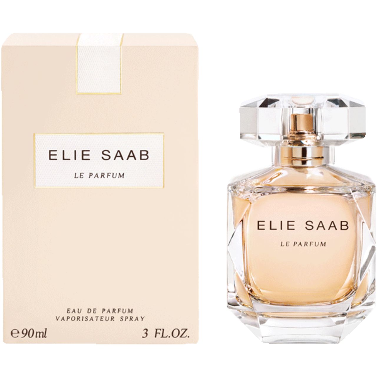 Flacone di profumo e confezione. Flacone con tappo dorato e scritta ELIE SAAB LE PARFUM. Confezione beige.
