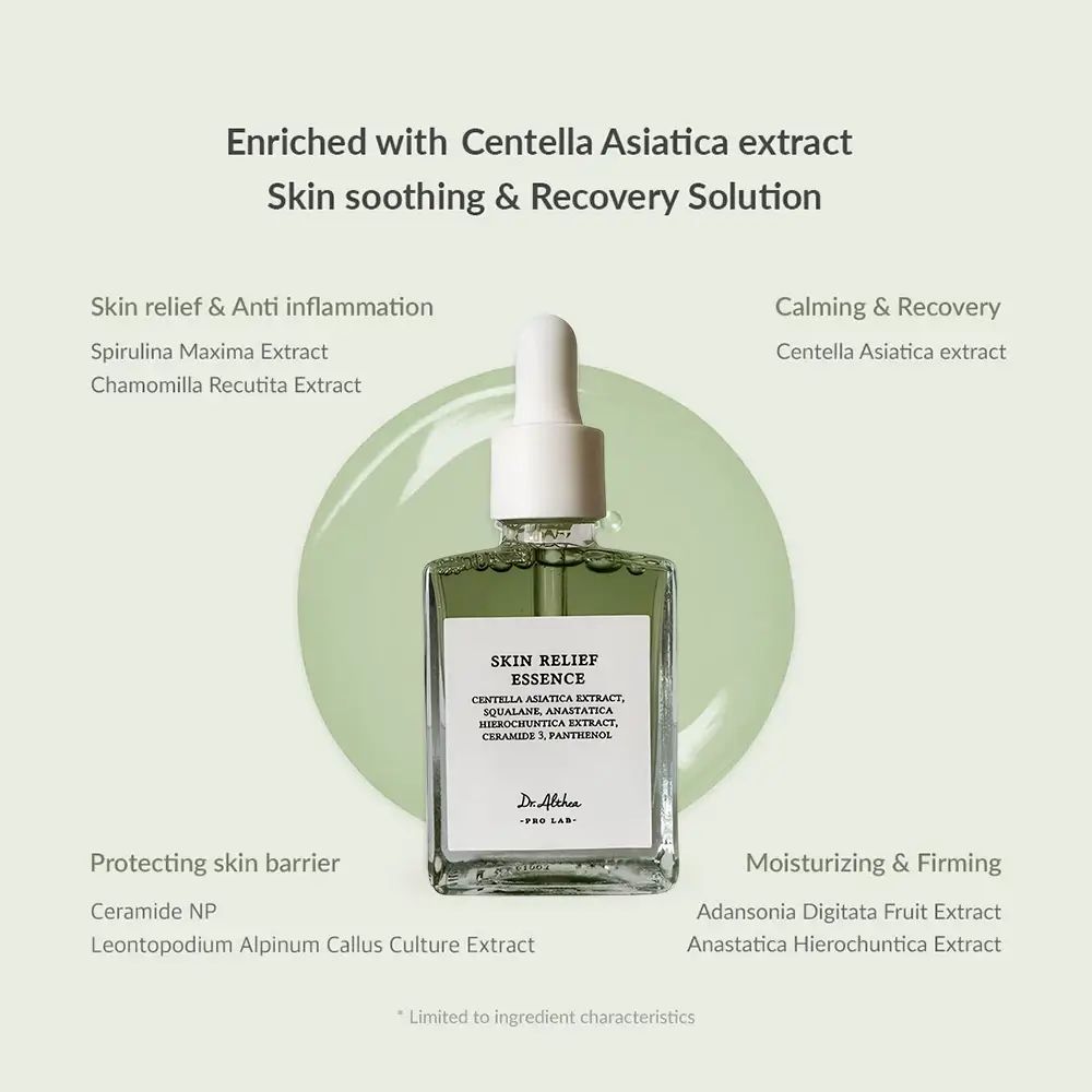 Flacone quadrato di siero verde con pipetta bianca. Testo: Skin Relief Essence, Dr. Althea.