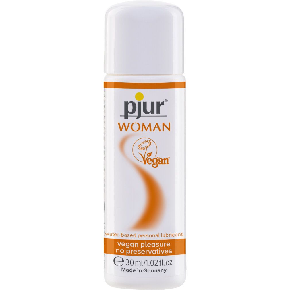 Flacone bianco con design arancione. Scritta: pjur WOMAN Vegan, lubrificante personale a base d'acqua. Vegan pleasure no preservatives. 30 ml/1.02 fl oz.