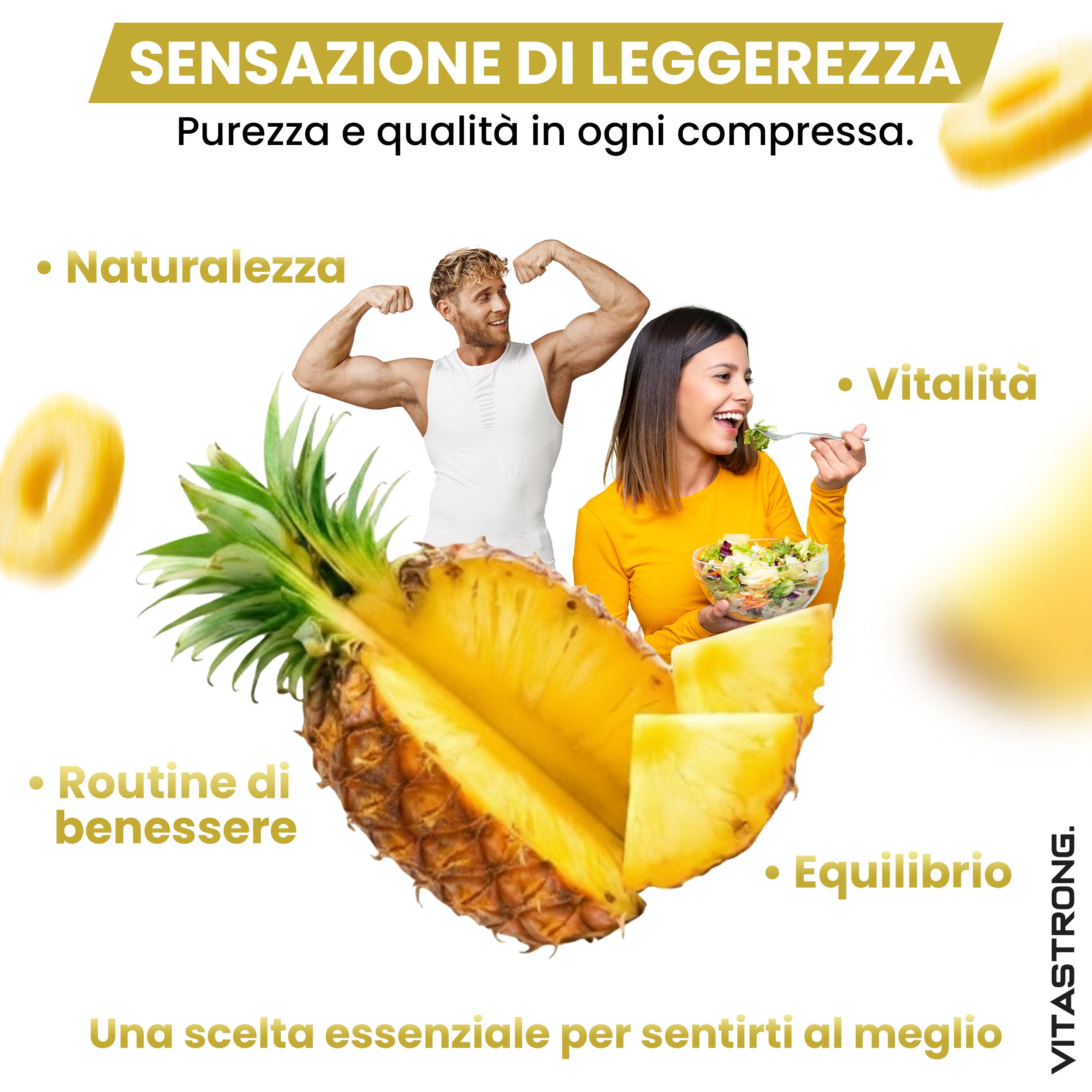 Ananas, donna con insalata, uomo con muscoli. Testo: Routine, vitalità, equilibrio. Logo Vitastrong.