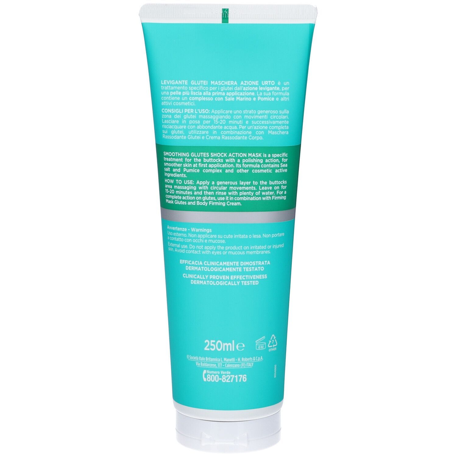 Retro di un tubo turchese. Testo in più lingue. Contiene informazioni sull'uso e sugli ingredienti. 250ml.