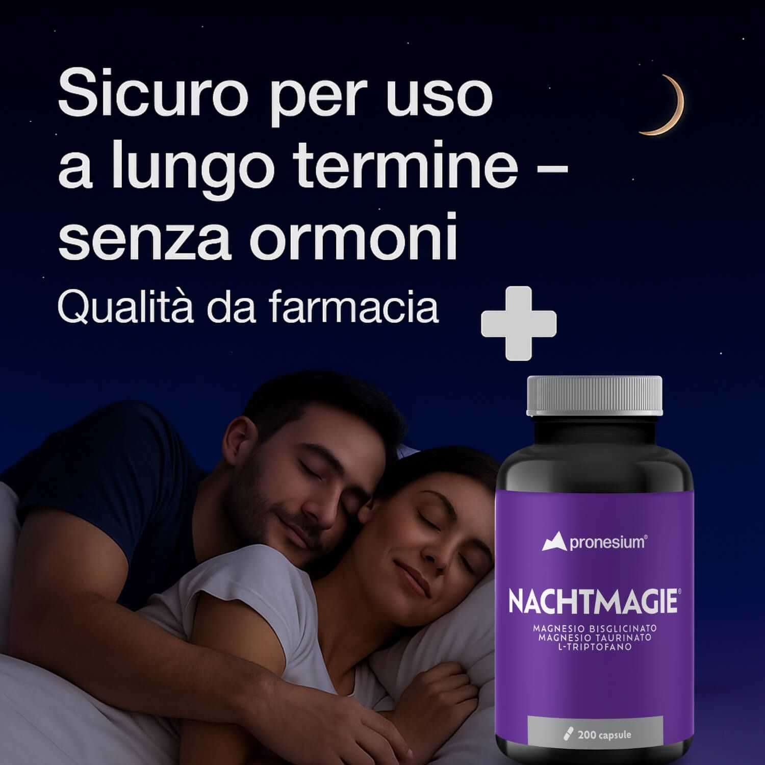 Uomo e donna dormono. Flacone con etichetta viola. Testo: NACHTMAGIE, Magnesiumbisglycinate, Magnesiumtaurate, L-Triptofano. Sfondo notturno.