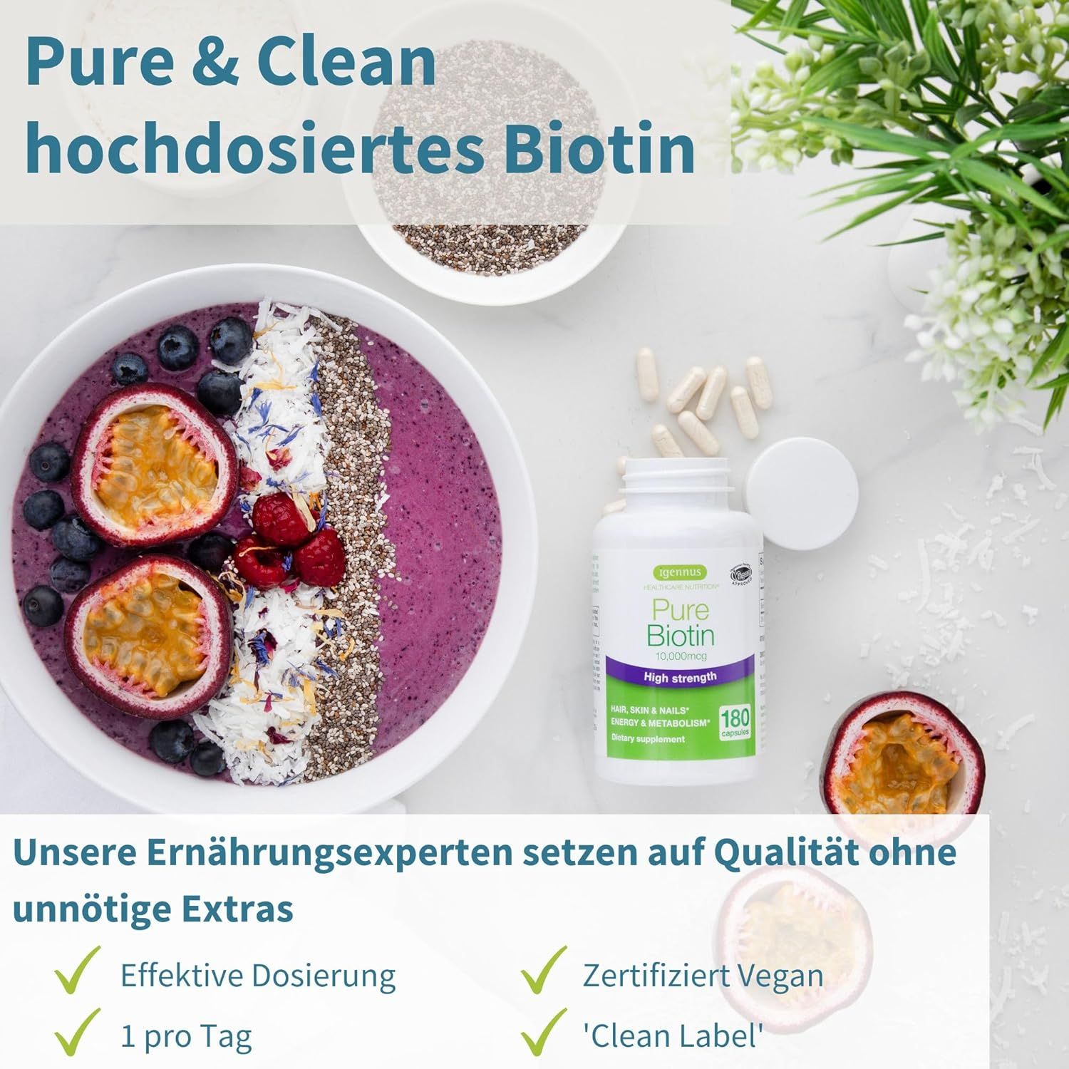 Flacone di prodotto accanto a una ciotola di cibo. Testo: Pure & Clean hochdosiertes Biotin. Certificazione vegana.
