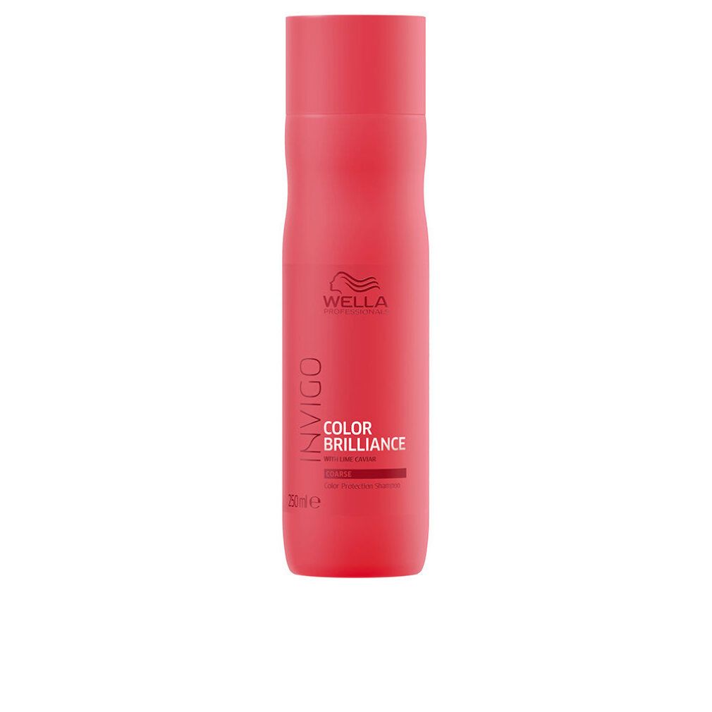Flacone di shampoo rosso. Scritta: Invigo Color Brilliance. Marchio: Wella. Flacone con tappo ed etichetta rossi.