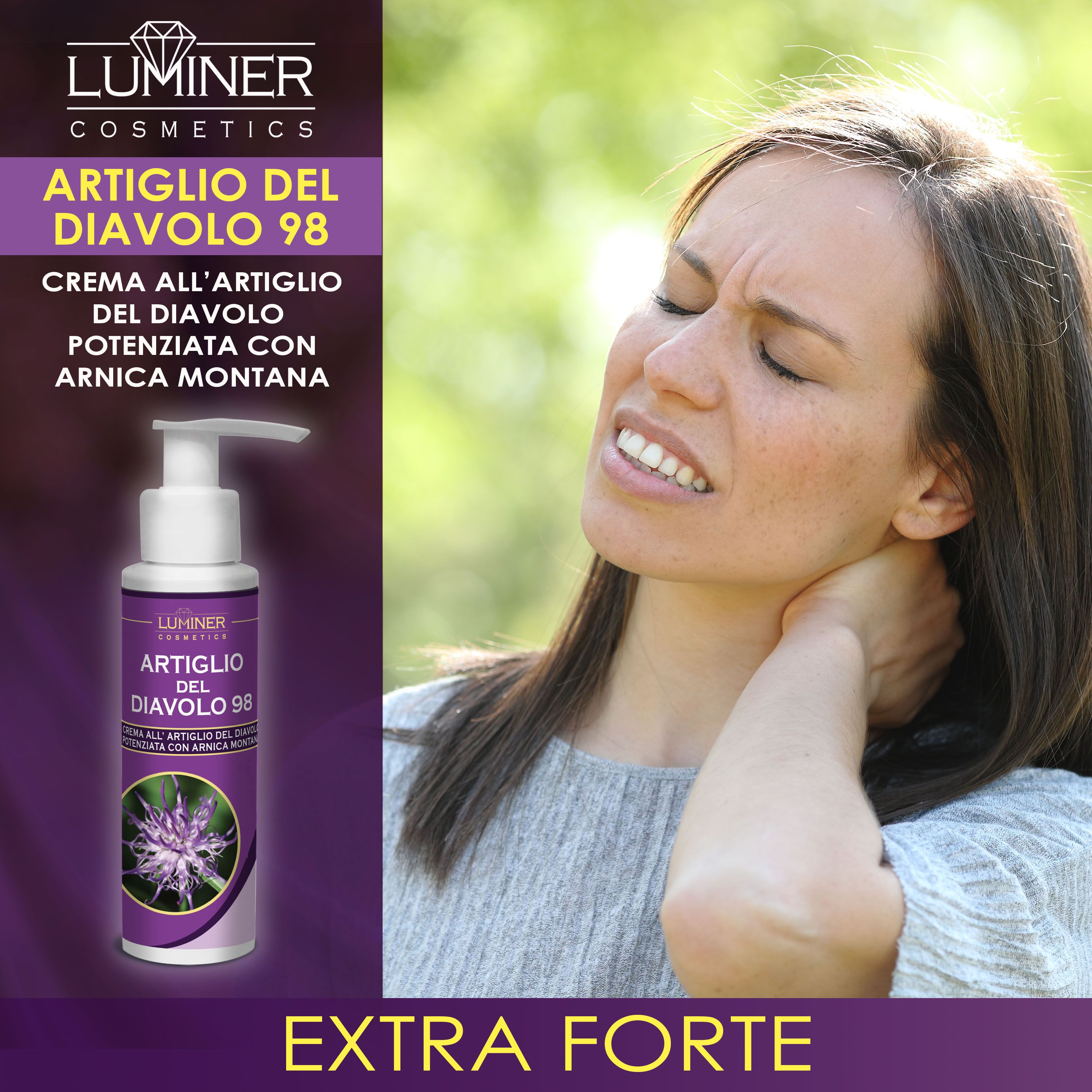 Donna con dolore al collo all'aperto, accanto alla crema LUMINER Artiglio del Diavolo 98.
