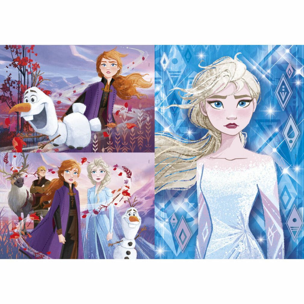 Tre puzzle con motivi Frozen 2. Ogni puzzle mostra i personaggi del film. Marchio Clementoni. Pezzi del puzzle sfusi.