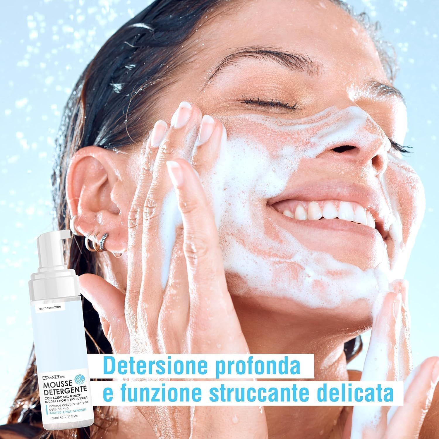 Essenze.me Mousse Detergente Viso Schiuma Delicata con Acido Ialuronico Rucola e Fico d’India 150ml