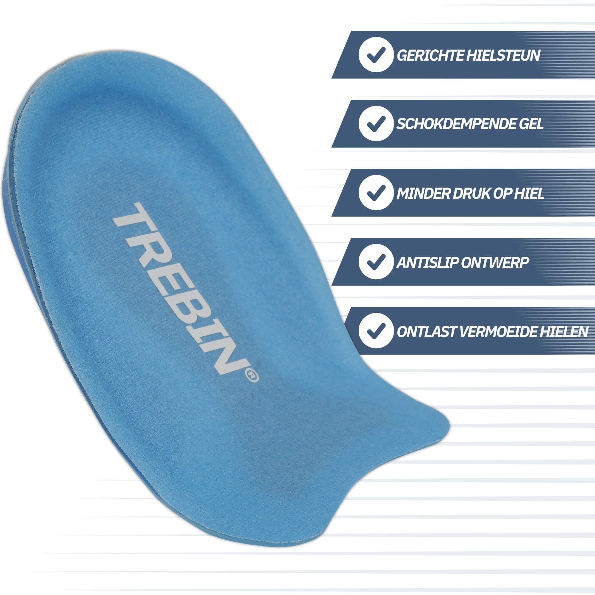 Soletta blu per il tallone con scritta "TREBIN". Offre un supporto mirato al tallone e proprietà di ammortizzazione in gel.