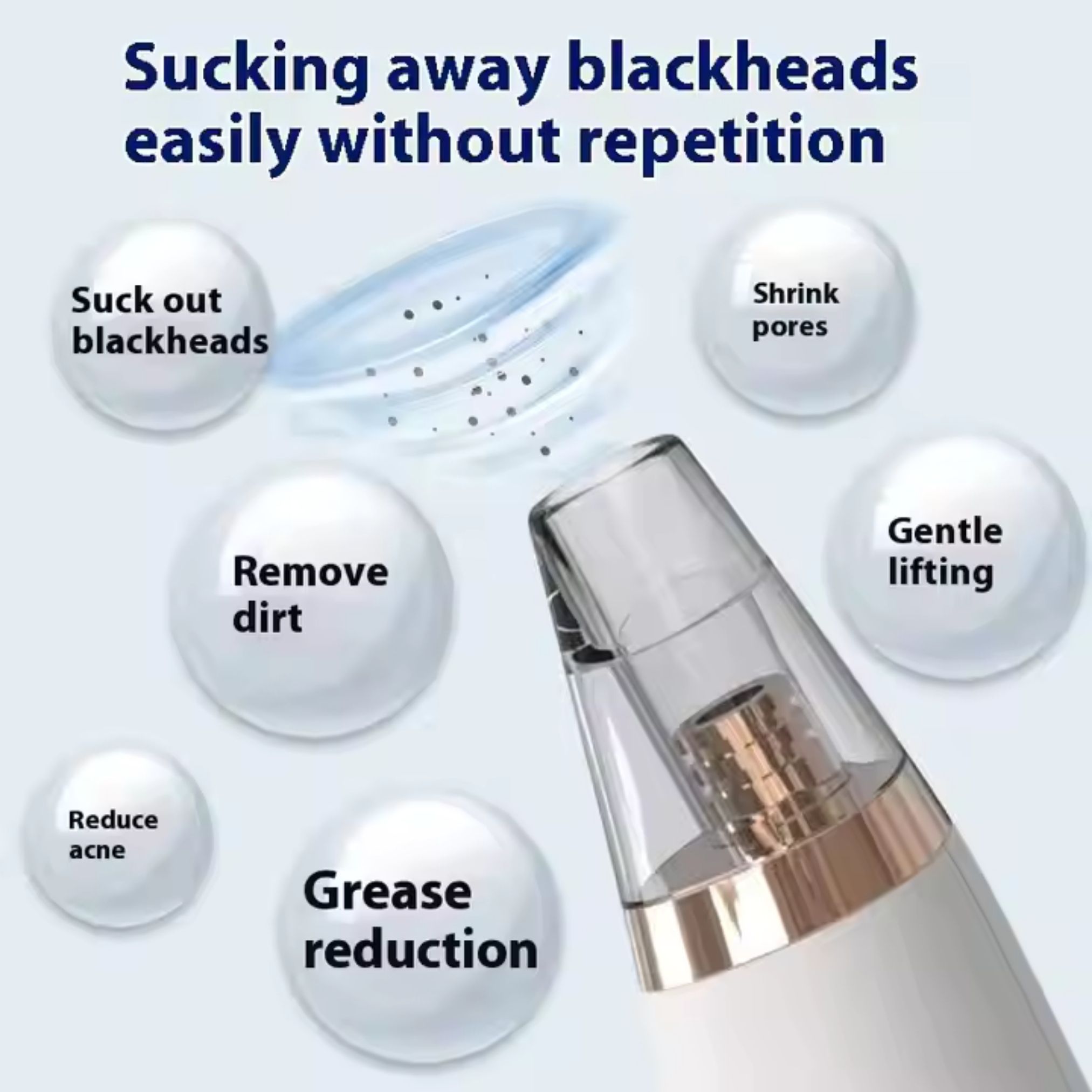 Dispositivo ErthSkin London per la pulizia profonda dei pori. Illustrazione dei risultati: rimuovere i punti neri, ridurre i pori, ecc. Testo: Sucking away blackheads easily.