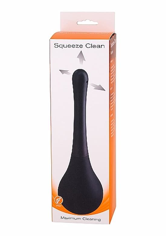 Confezione Squeeze Clean: Detergente nero con serbatoio a forma di pera e applicatore sottile.