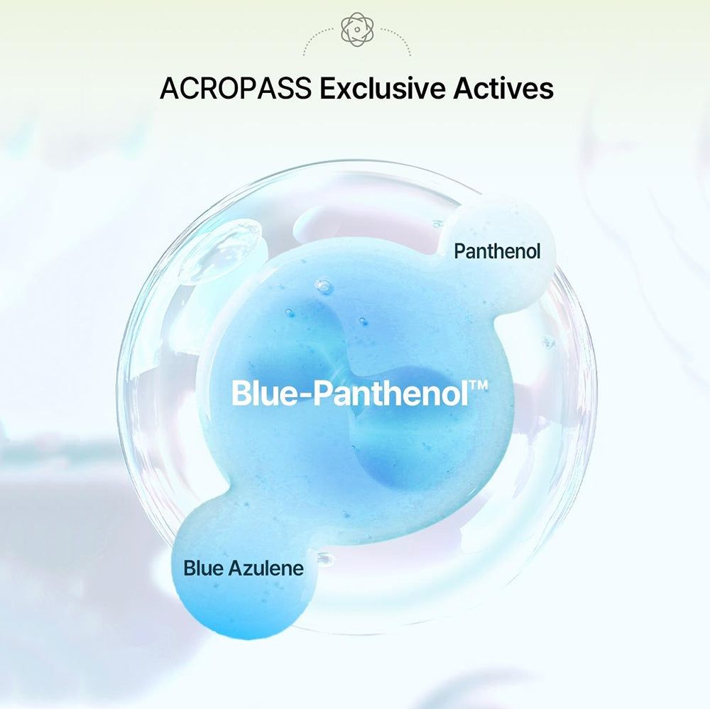 Illustrazione di Blue-Panthenol, Blue Azulene e Panthenol. Ingredienti della linea di prodotti ACROPASS. Rappresentazione rotonda blu.