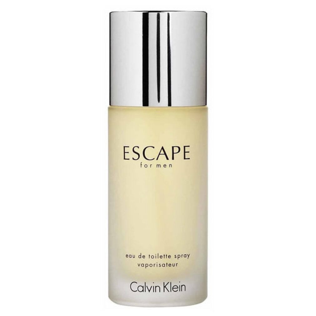 Flacone con tappo argentato. Scritta 'ESCAPE for men' e 'Calvin Klein'. Spray Eau de Toilette.
