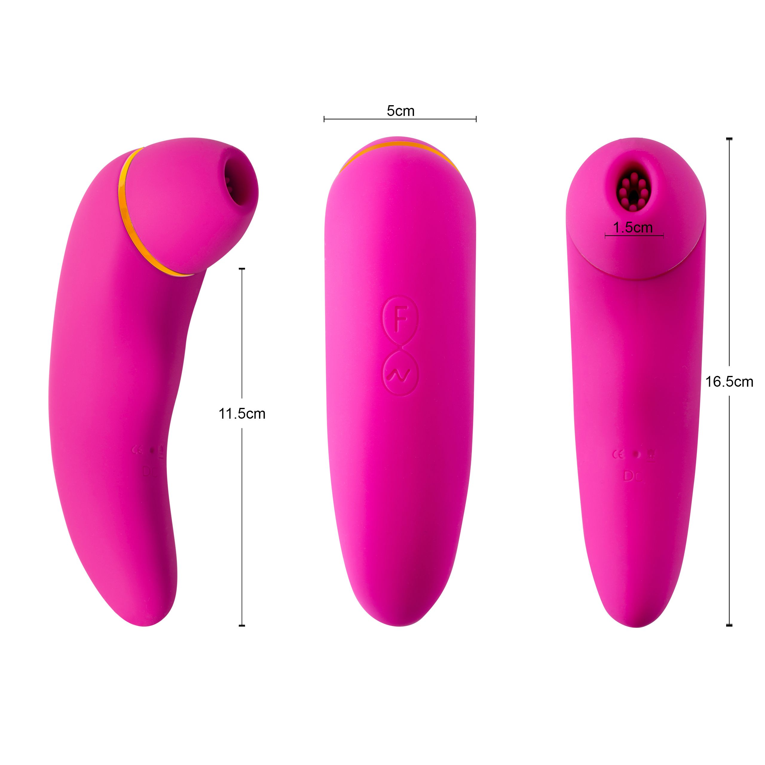Tre viste di un vibratore rosa con dettagli dorati. Dimensioni: 16,5 cm, 11,5 cm e 5 cm.