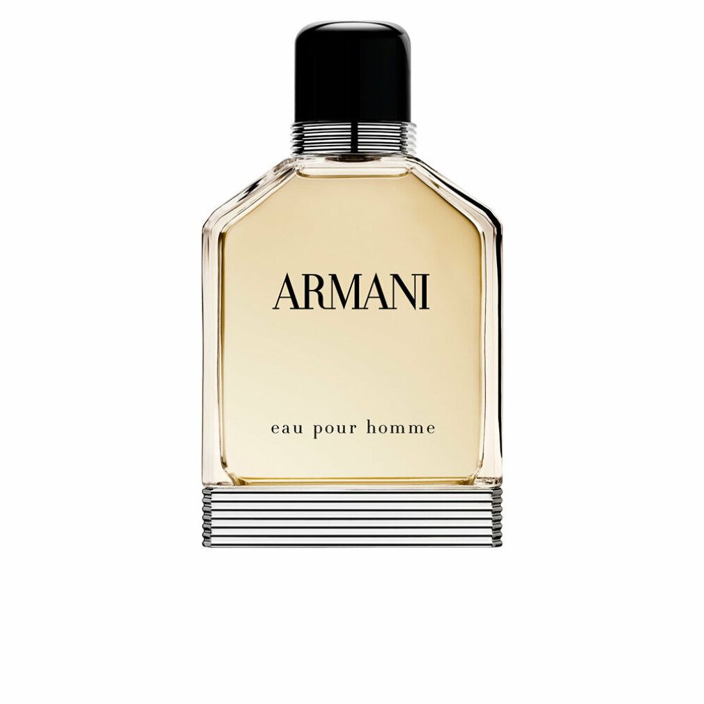 Flacone Giorgio Armani Eau pour Homme. Forma squadrata, tappo nero. Strisce argentate e nere alla base. Scritta Armani e eau pour homme.