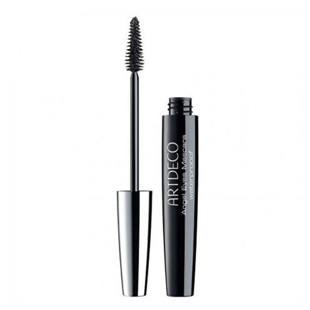 Tubo e spazzola per mascara neri. Scritta: ARTDECO Angel Eyes Mascara waterproof. Su sfondo bianco.