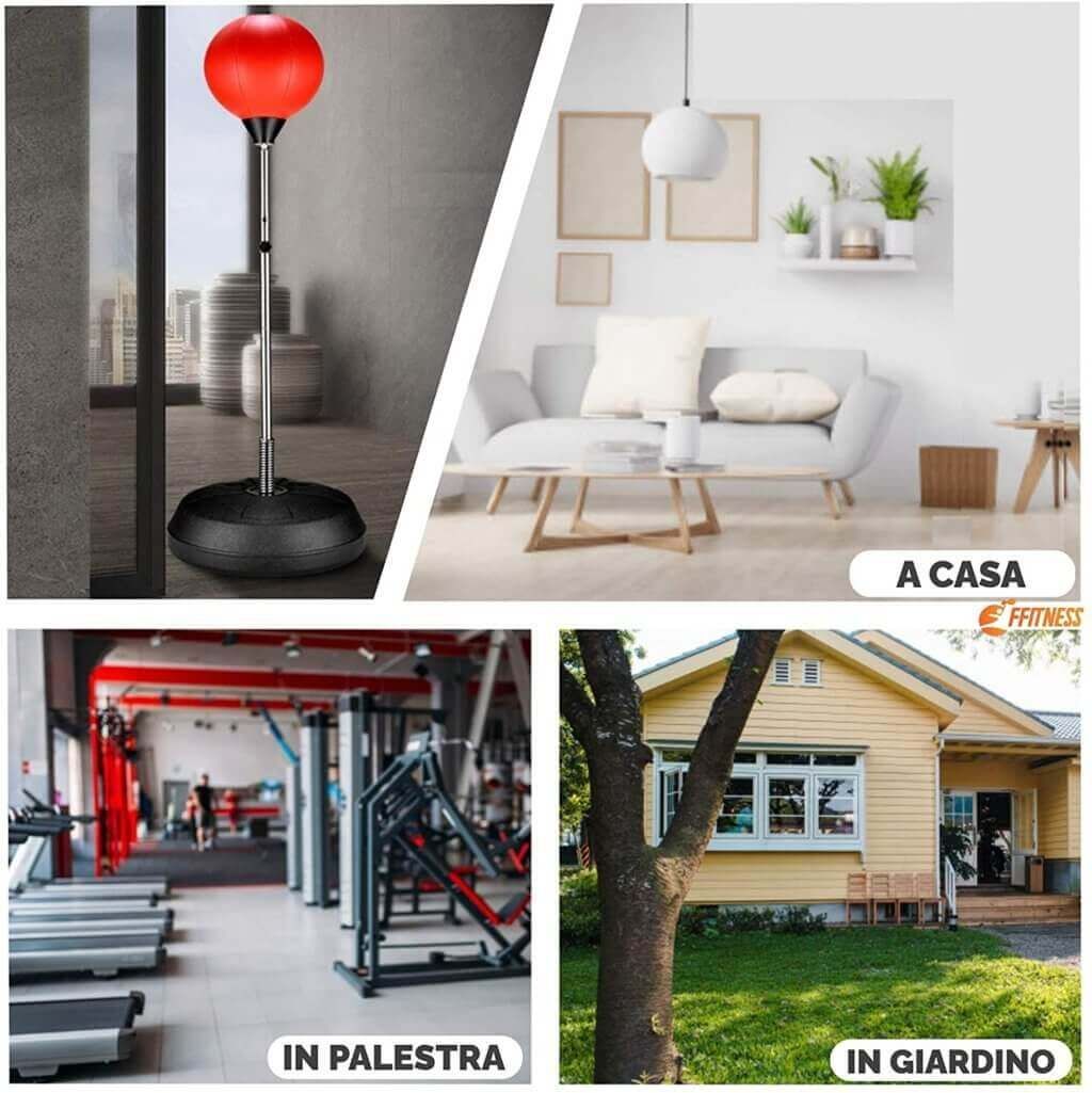 Sacco da boxe in diversi ambienti: casa, palestra, giardino. Logo FFitness.