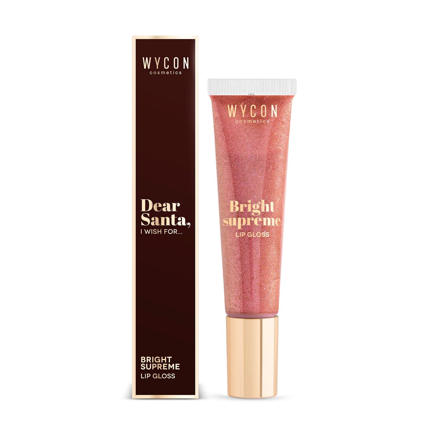 Tubo di lucidalabbra accanto alla confezione. Scritta: WYCON cosmetics, Bright supreme LIP GLOSS. Confezione: Dear Santa, I wish for...
