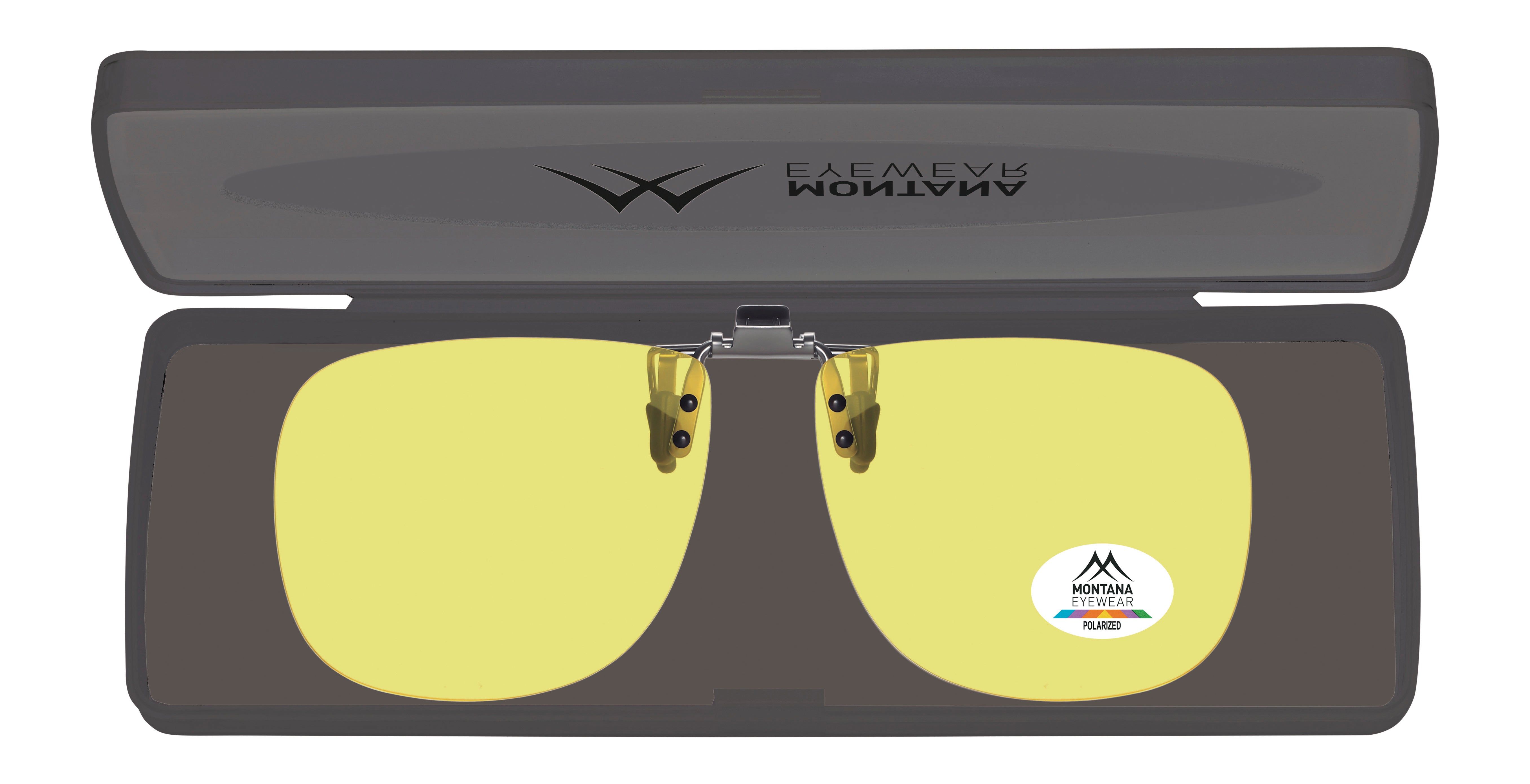 Occhiali da sole clip-on gialli in un astuccio grigio. Logo Montana Eyewear ed etichetta polarizzata.