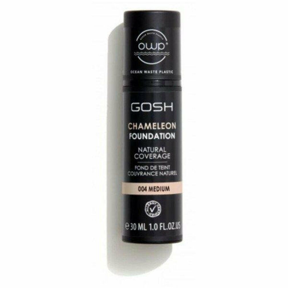 GOSH Chameleon Foundation, Natural Coverage, 004 Medium. Tubo nero con informazioni e certificazione.