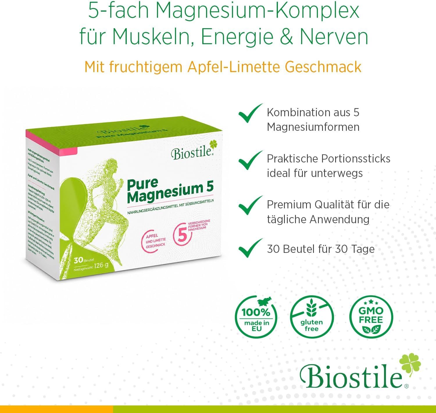 Biostile Pure Magnesium 5 confezione da 30 stick, con icone per muscoli, energia e nervi, Made in EU.