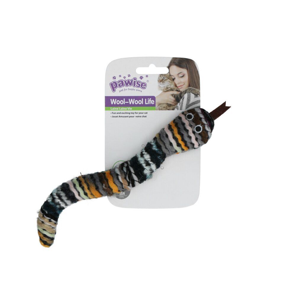 Serpente giocattolo in lana multicolore, testa marrone, occhi neri, nastro marrone. Su cartoncino con logo e nome prodotto.