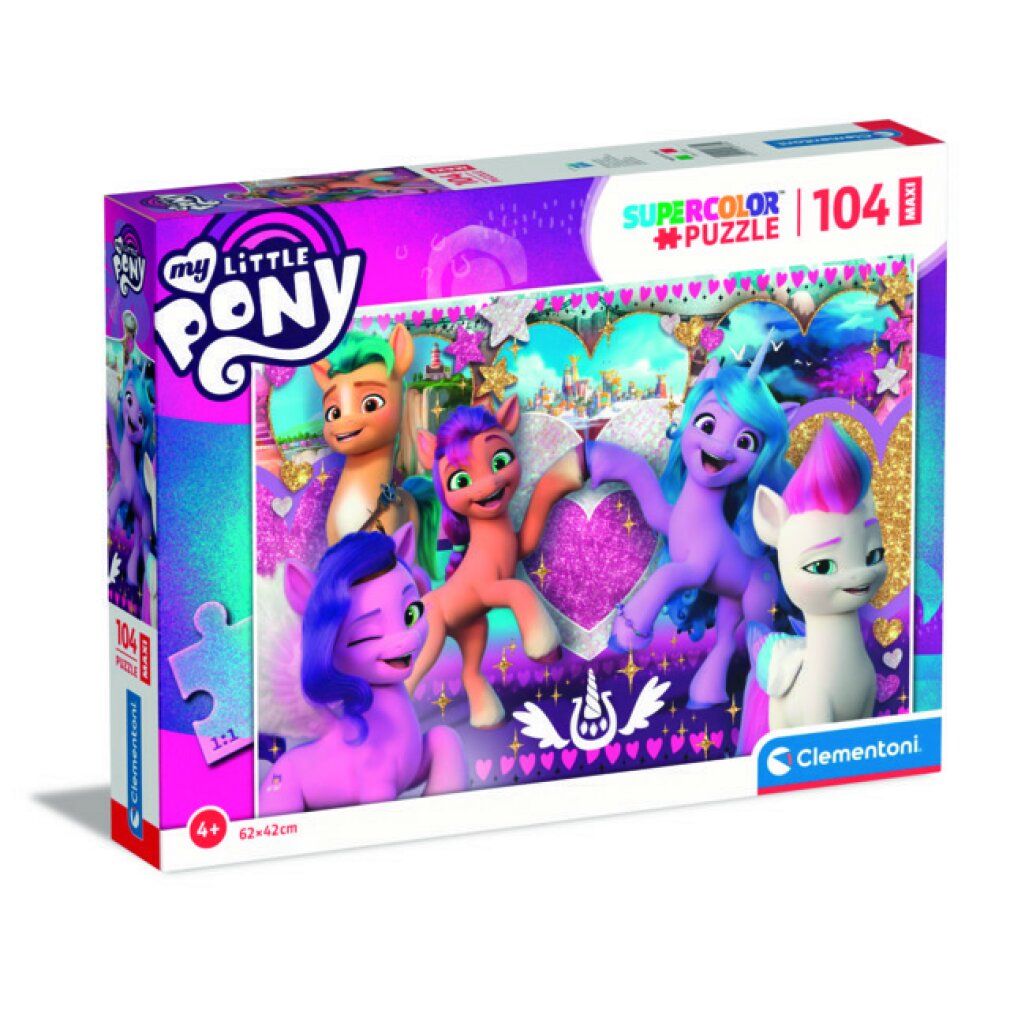 Puzzle Clementoni, My Little Pony, 104 pezzi. Sei pony su sfondo a cuore. Confezione con logo, età consigliata e pezzi del puzzle.